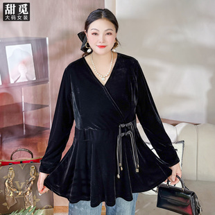 显瘦收腰A版 甜觅特大码 胖mm300斤新中式 2025秋装 丝绒V领上衣 女装