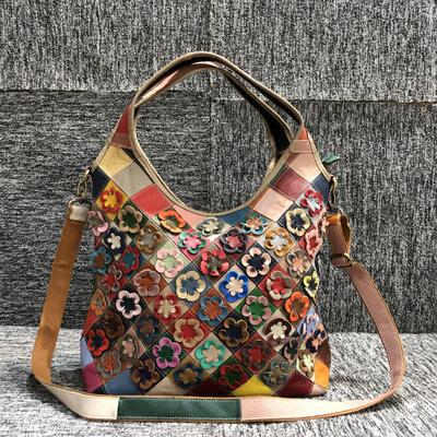 梦嘉丽彩色拼接头层牛皮托特包