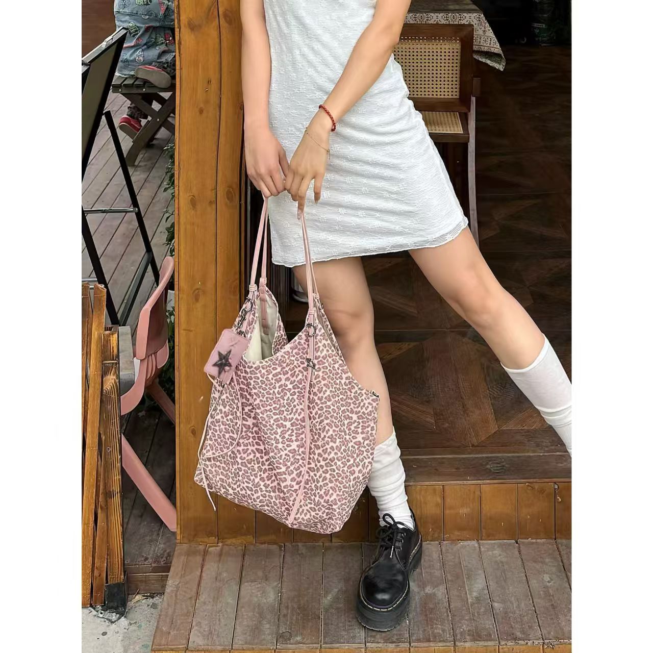 豹纹粉色女手提腋下大容量购物袋