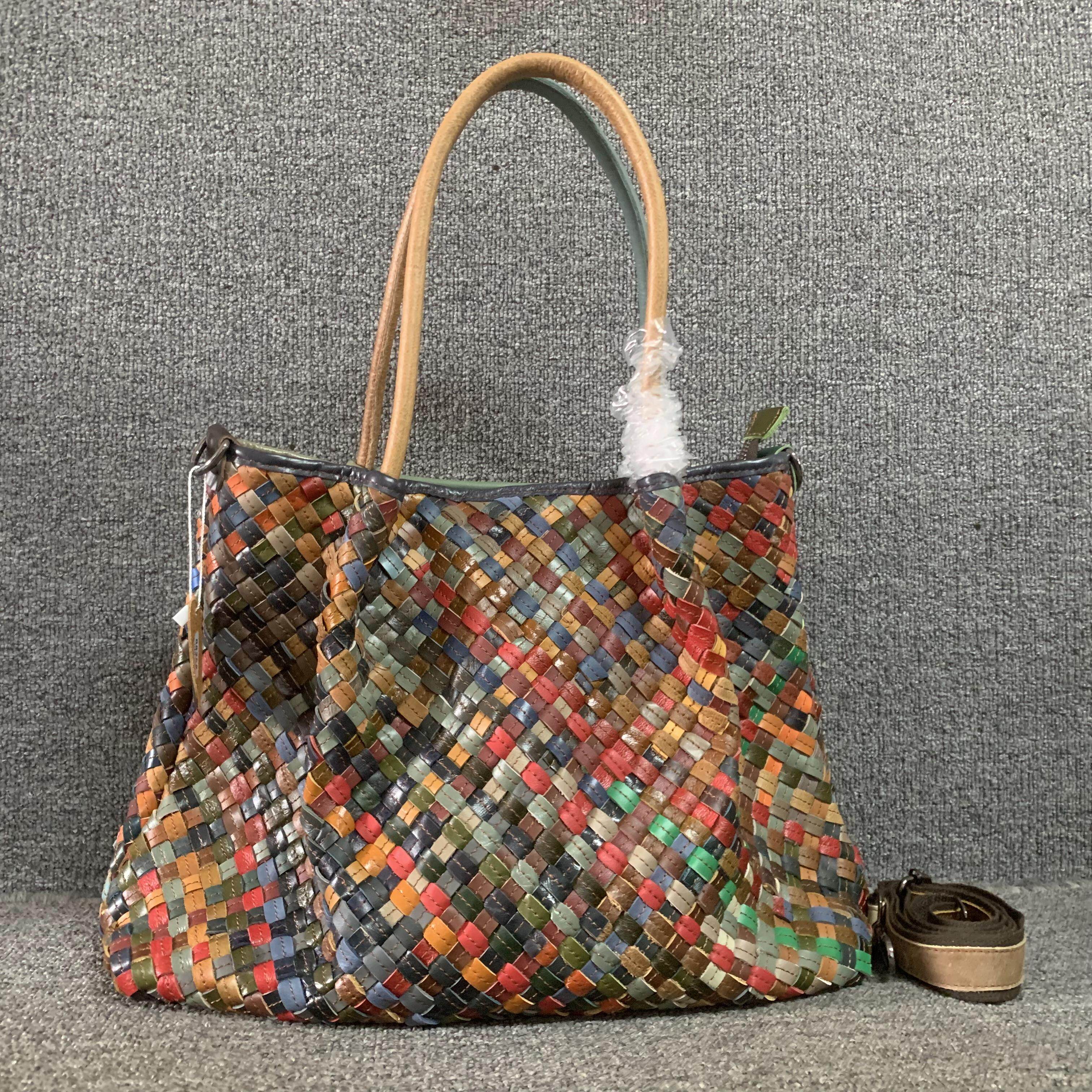 新品真皮女包韩版百搭彩色头层牛皮编织女手提单肩大容量托特包女