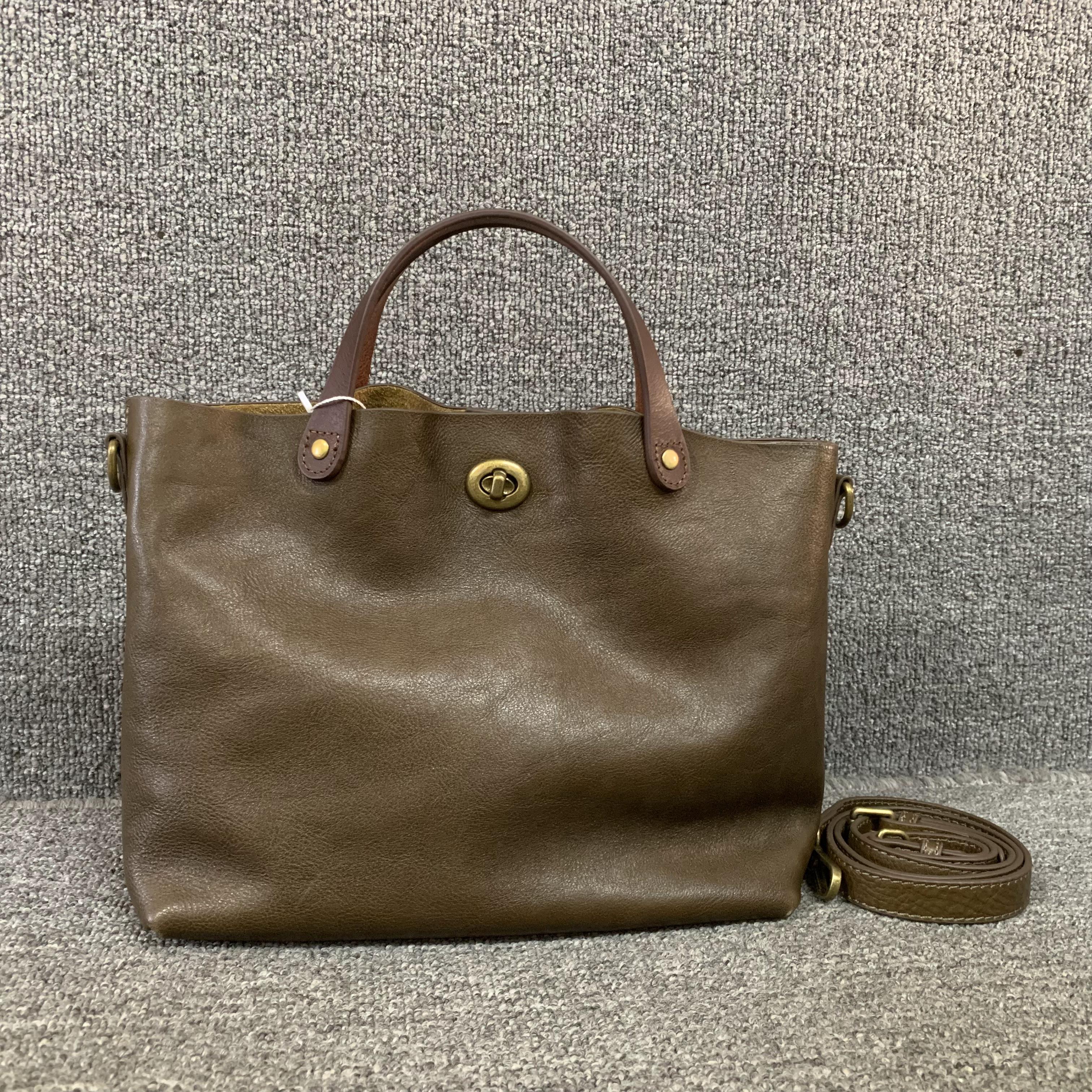 植鞣头层牛皮女手提单肩锁扣水桶