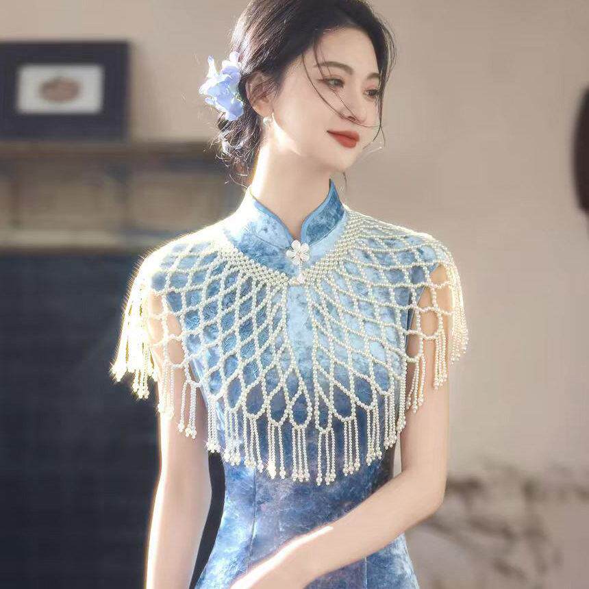 旗披肩重礼服配饰串袍珠镂空珍珠流工苏DIZ领子风明制汉服云古肩