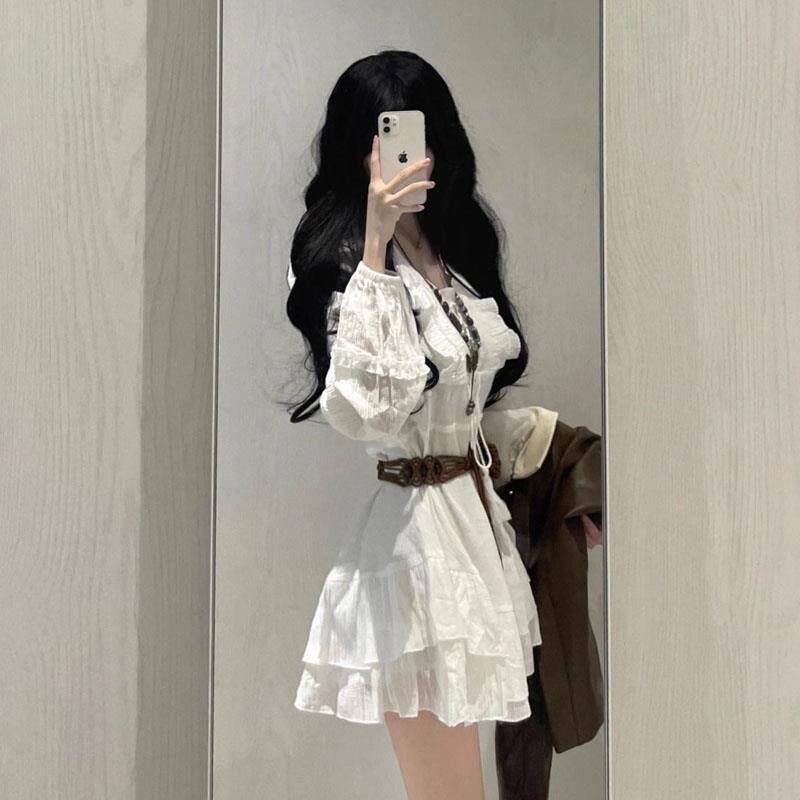 法式0白色长袖装女226春0156秋季小个子子仙女裙纯欲短款皮衣外洋