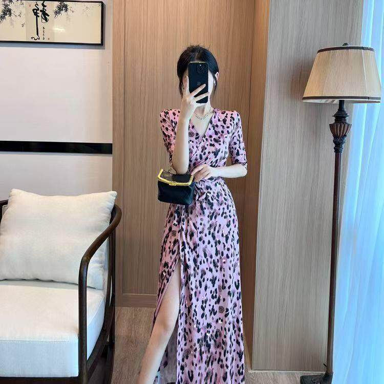 V复古领碎花连衣裙女七袖修身瘦度DZT显假长分裙绑带裹身裙