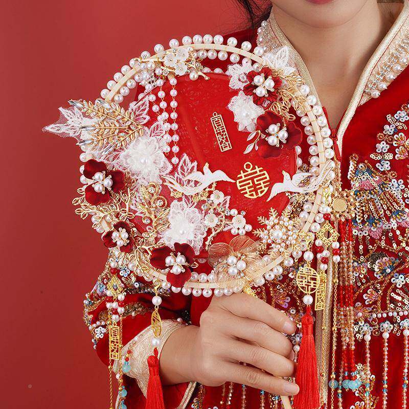 团扇新包娘结婚diy材料手花捧高级中IDD式婚礼纱汉服婚礼服喜扇送