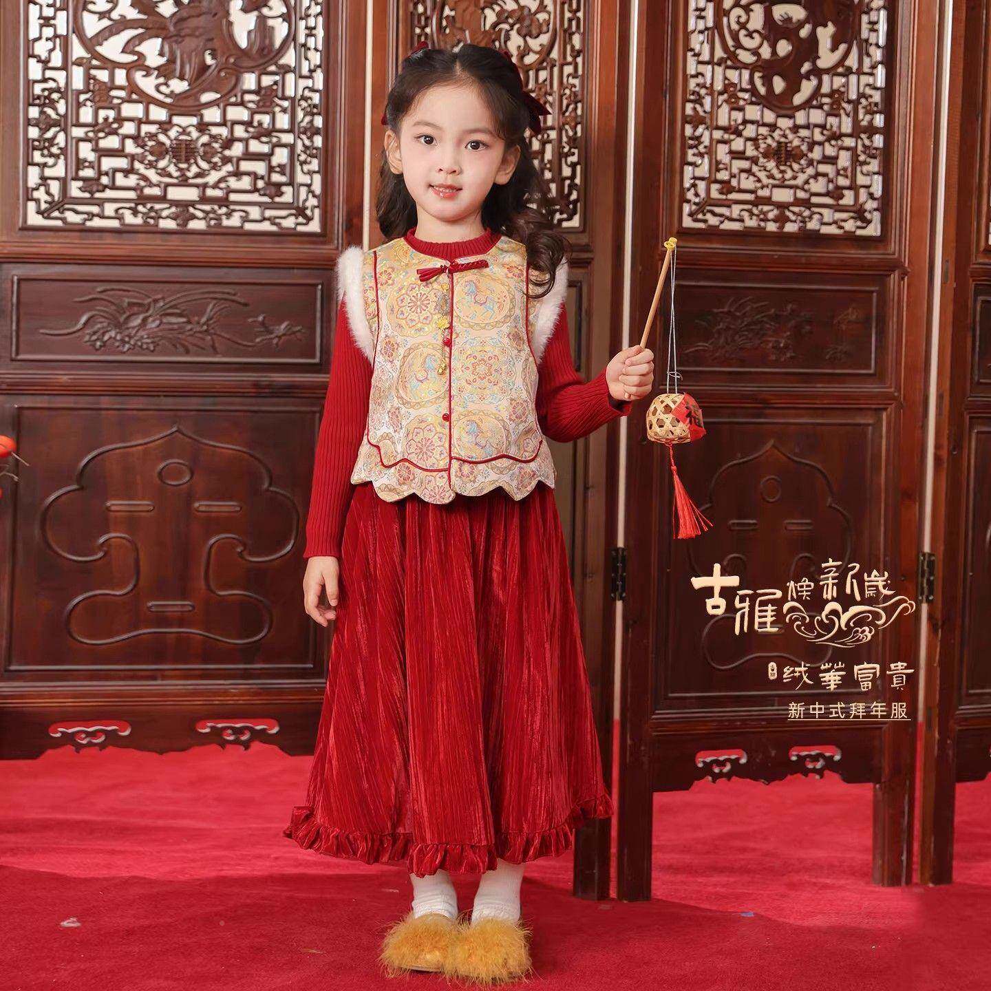女新中式加绒甲汉服套装2026AYJ童新童款儿拜年服红马色喜庆演出