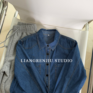 极简风格。高品春款暗扣翻领水洗牛仔长袖柔软衬衫0807B6R