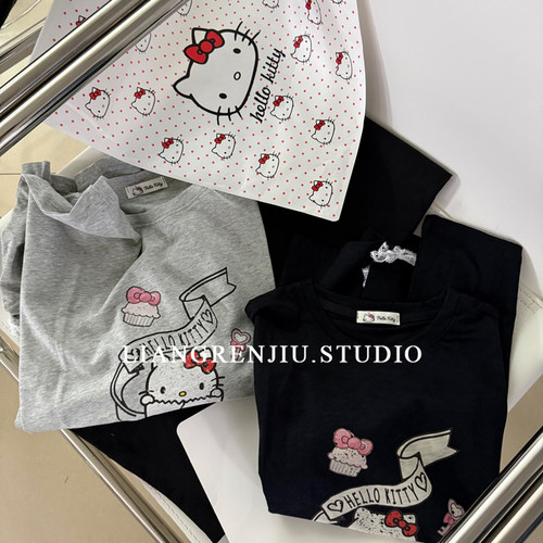 撤柜捡漏！喵系列高货！假两件长袖春季宽松T恤3032WR