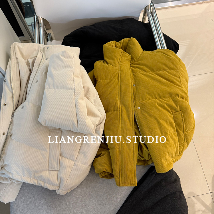 立领纯色灯芯绒百搭羽绒服