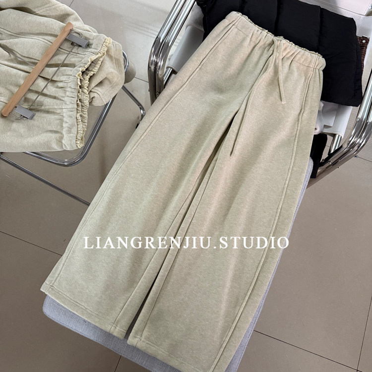 松紧腰直筒纯色休闲裤