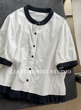 公司货。100棉。刺绣气质款日系短袖宽松衬衫小衫8602AR