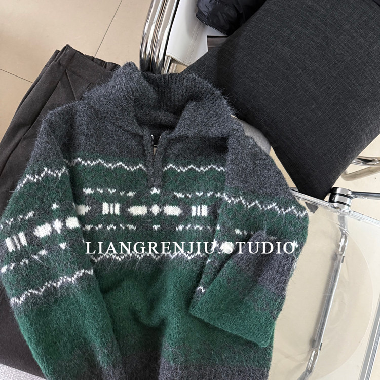 复古墨绿灰。翻领厚实毛绒宽松毛衣C,女装/女士精品,毛衣,淘宝优惠券,粉丝福利购,淘宝优惠卷