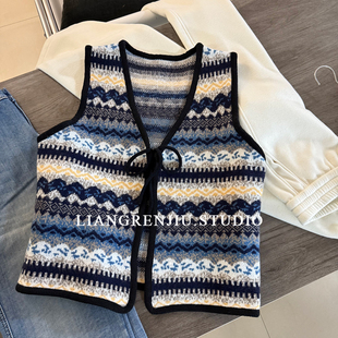 双面针织。质感好。氧气感针织绑带氛围组费尔岛马甲B