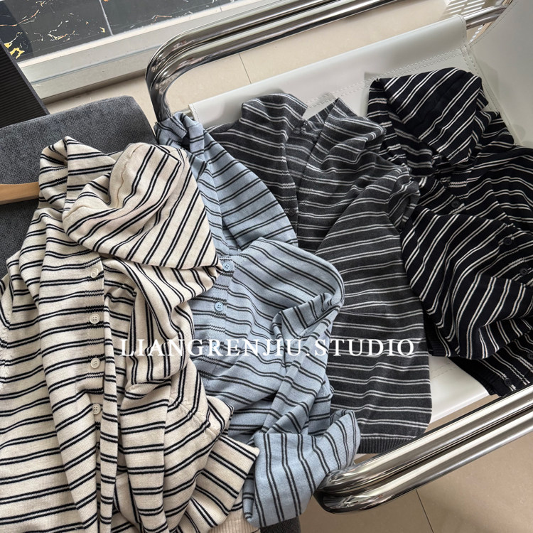连帽衫质感超赞。细腻高密度 开衫条纹秋季新款百搭针织衫2620D图片
