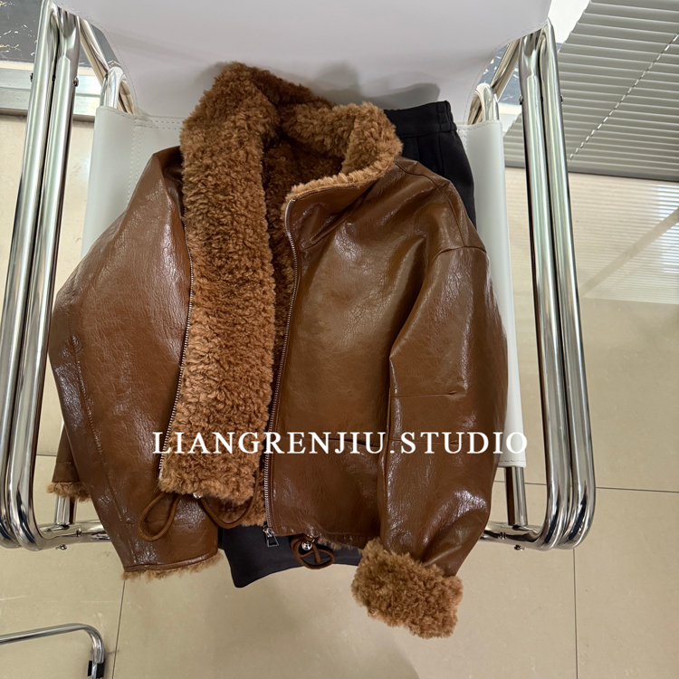 拉链百搭纯色皮毛一体外套