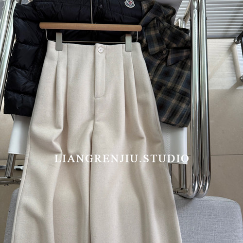 高腰直筒纯色百搭毛呢裤