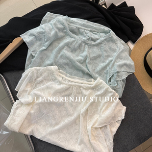 韩国单。肌理立体刺绣。炒柔软弹力时装短袖上衣T恤8126WR
