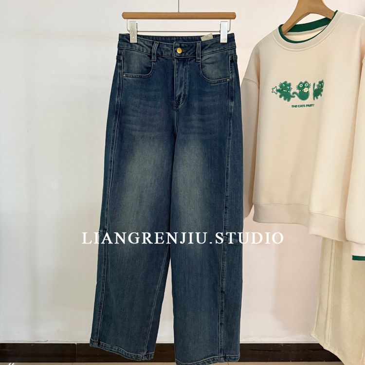 高腰直筒显瘦加绒牛仔裤