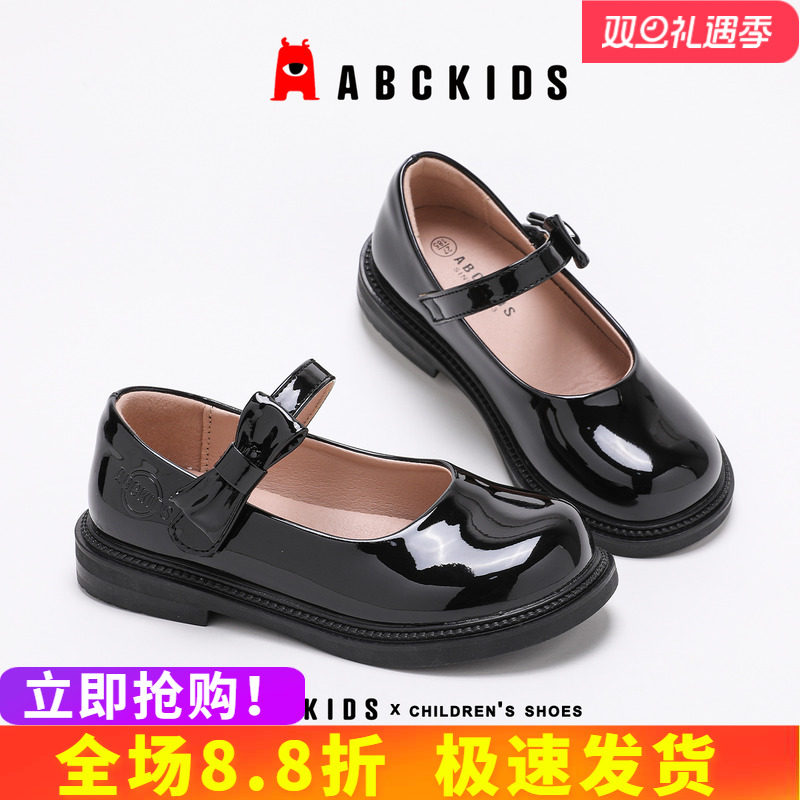 abckids女童皮鞋2025秋季新款英伦风豆豆鞋女孩黑色舞蹈鞋单鞋潮