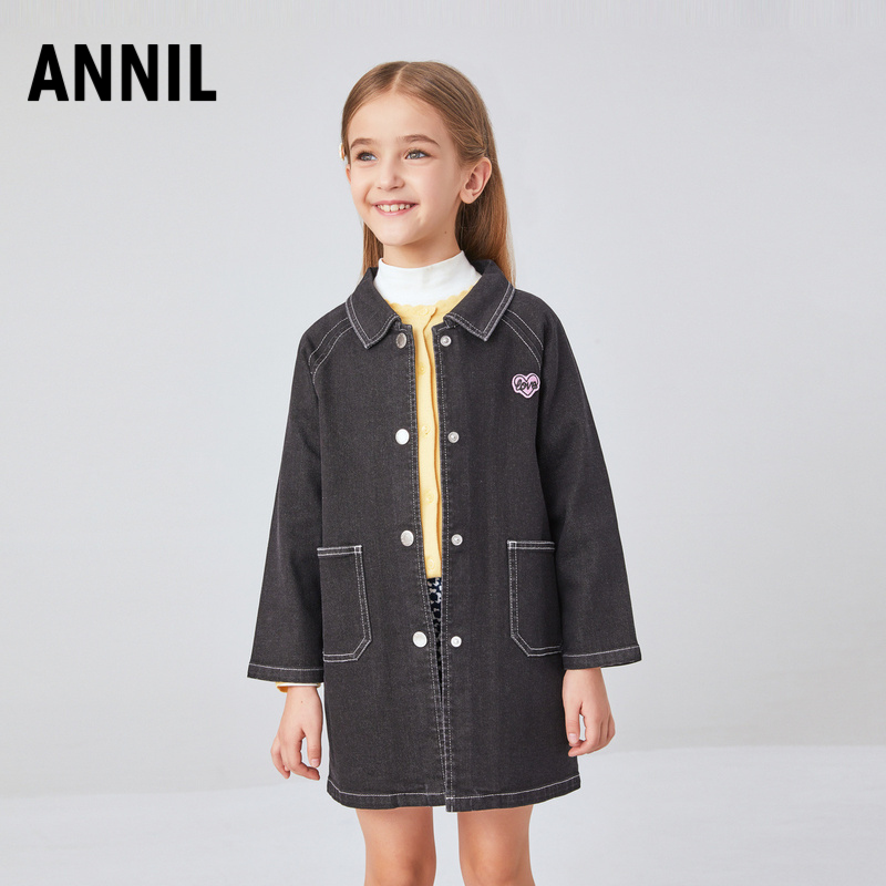 安奈儿童装女童牛仔外套秋休闲外套宽松中长款弹力透气