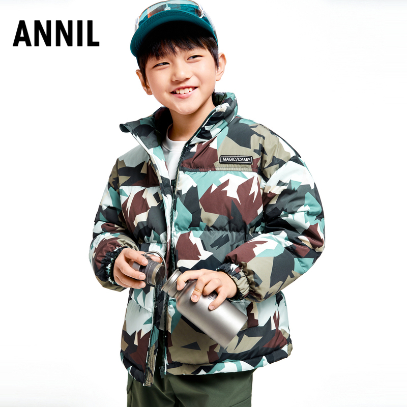 安奈儿童装男童短款羽绒服冬迷彩印花保暖三防宽松休闲时尚