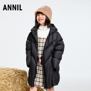 安奈儿童装女童中长款羽绒服2025冬新款发热三防保暖黑色外套