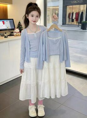 女童夏装套装2026新款儿童网红洋气防晒衣连衣裙女孩夏季三件套潮