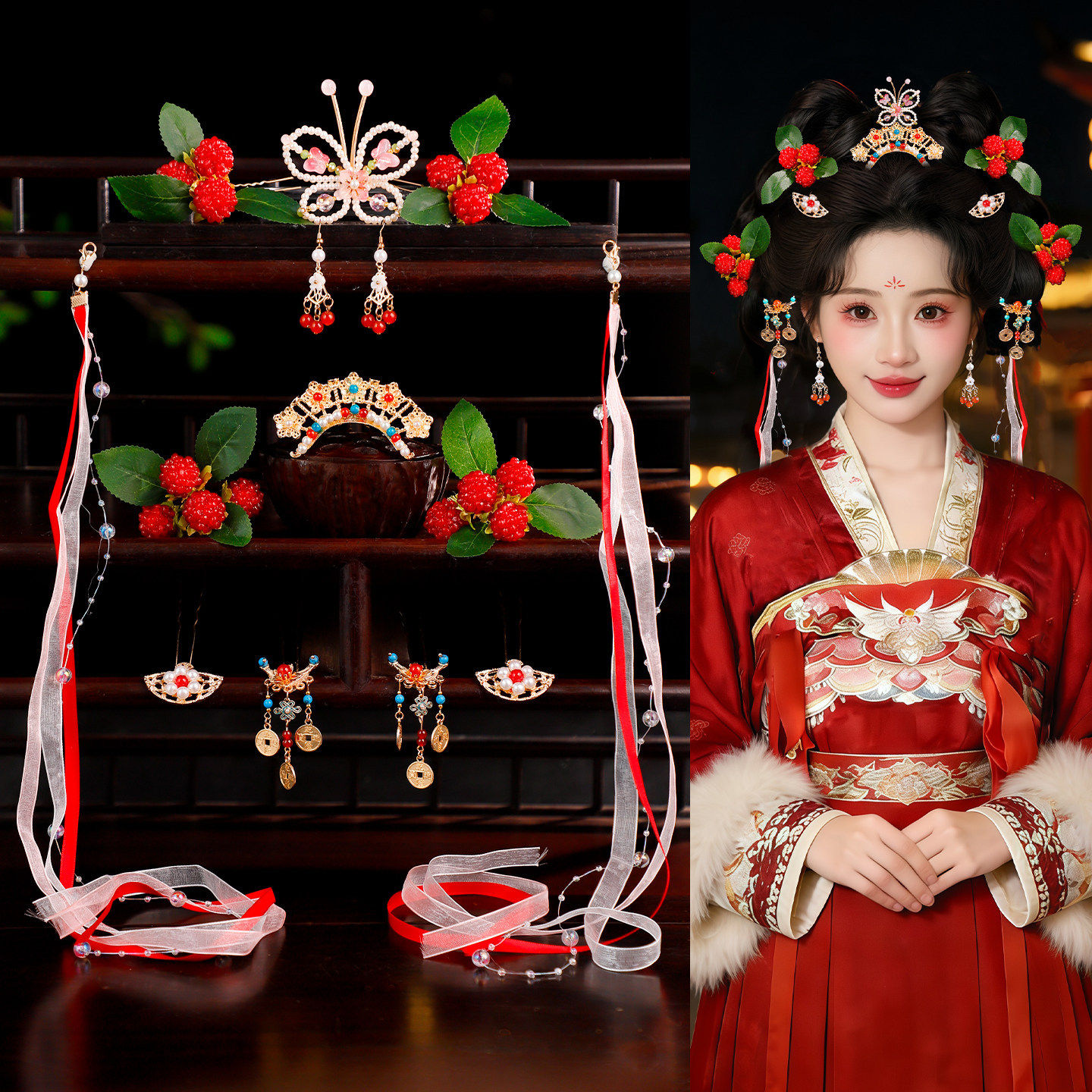 汉服古装造型写真清新红色浆果发饰手工合金发冠新年款甜美发饰女