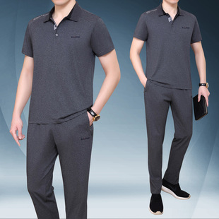 短袖 爸爸装 t恤薄款 夏季 休闲两件套中老年人衣服 2022新款 中年男士