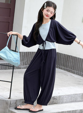 女童休闲套装2026夏新款中大童背心蝙蝠袖开衫束脚裤莱赛尔三件套
