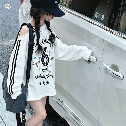 女童甜酷斜肩绑带卫衣2026秋季新款中大童彩色印花长袖T恤打底衫