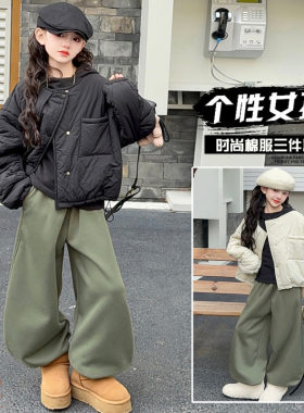 女童冬季韩版时尚棉衣外套上衣德绒打底帽衫内搭加绒直筒卫裤套装