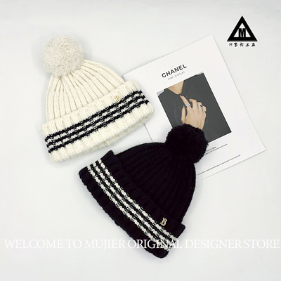韩国ins博主fever同款针织毛线帽秋冬保暖条纹毛球帽子大头围冷帽