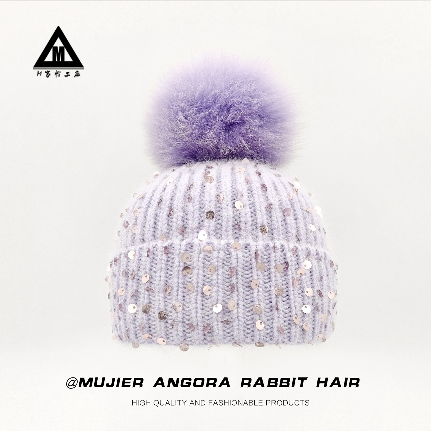 亲子款儿童手钩亮片兔毛针织帽子
