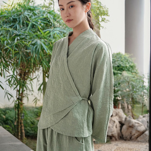 2026春夏新款中国风棉麻女式上衣长袖衬衫v字领系带提花裤子中式