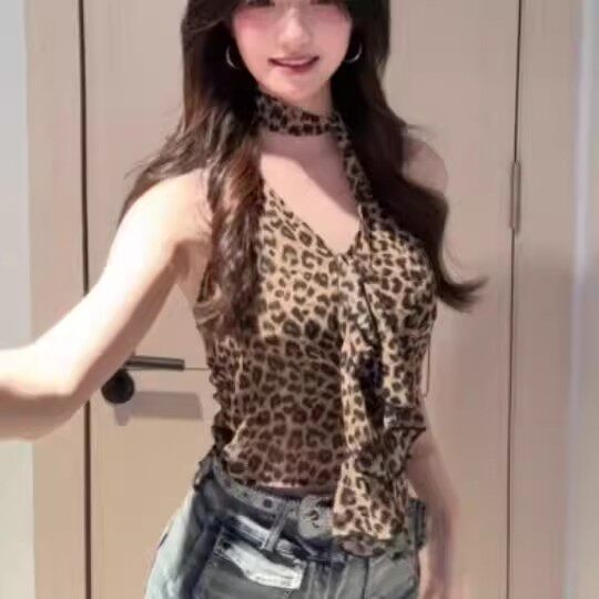 美式辣妹豹纹露背挂脖吊带小背心女夏季紧身内搭短款外穿性感上衣