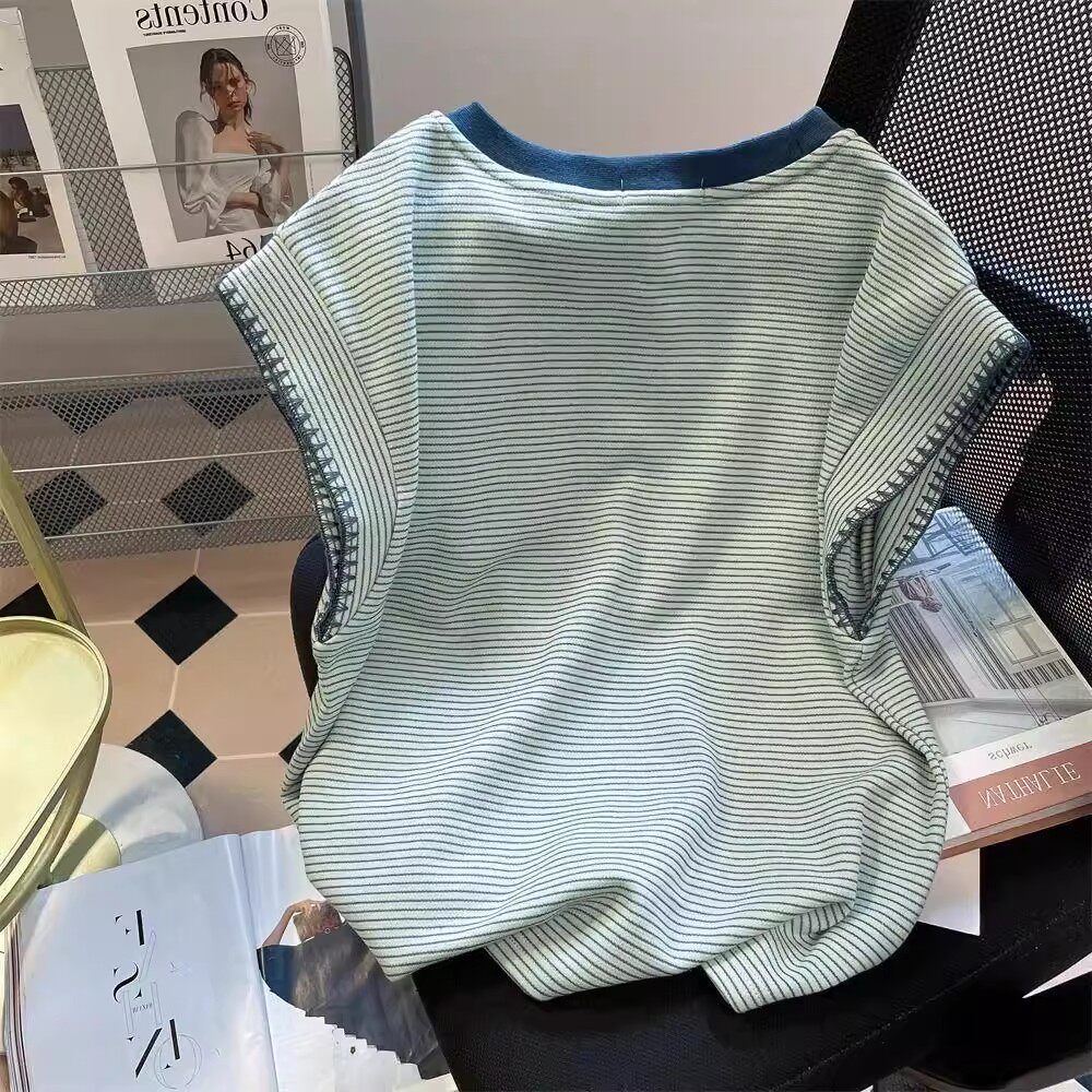韩系超好看拼色条纹小飞袖t恤男女夏季复古chic港味无袖背心上衣