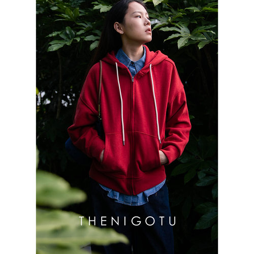 宽松休闲红色卫衣外套拉链开衫