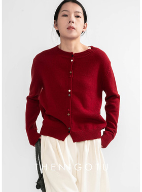 DOROTHY丨红色针织毛衣开衫女秋冬季宽松软糯设计感彩扣上衣外套