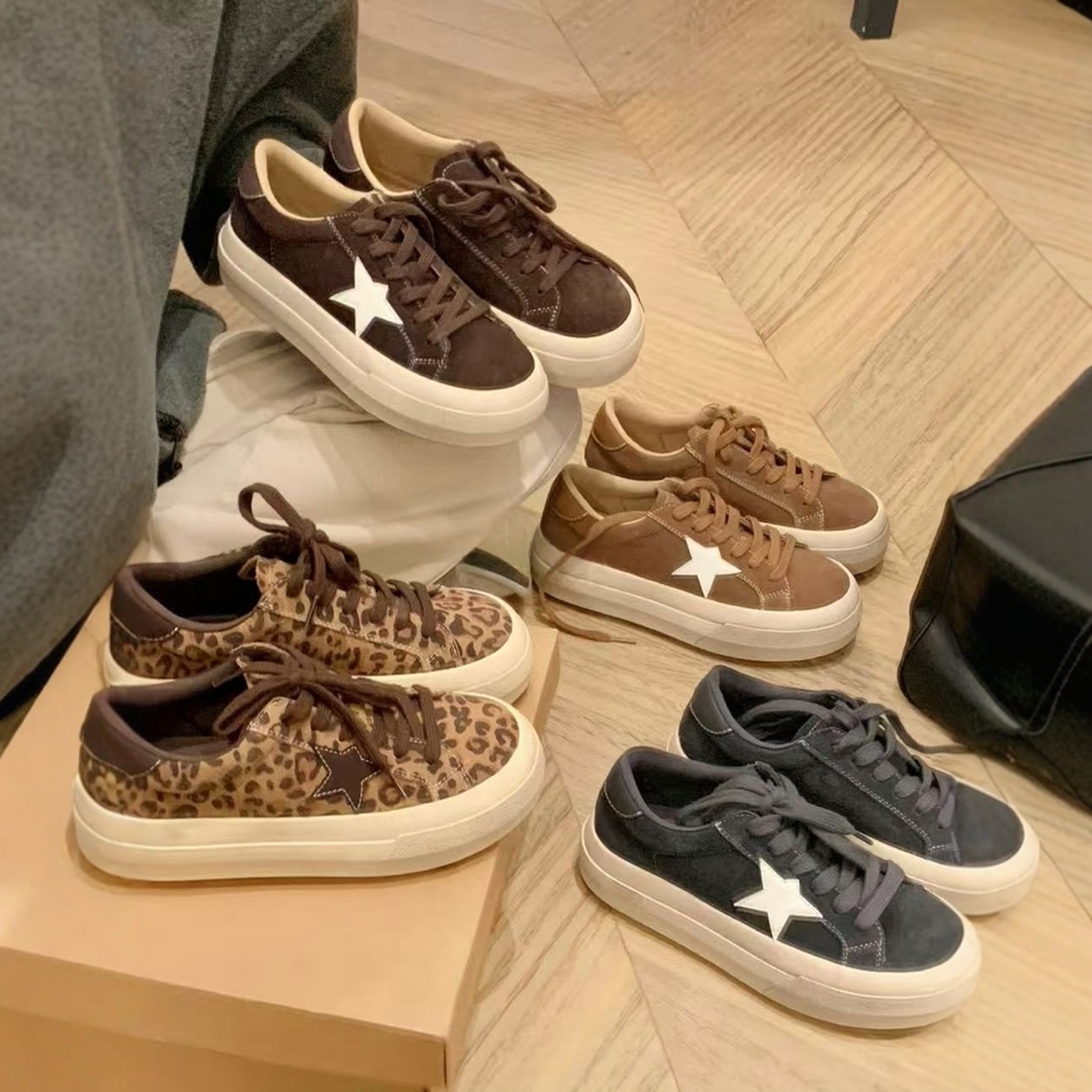 牛皮版~真皮厚底增高星星板鞋女新款圆头百搭系带豹纹运动休闲鞋