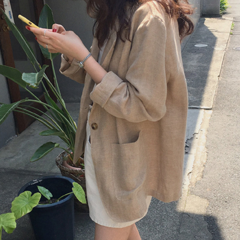 韩国2025夏季单层亚麻西装外套女薄款宽松显瘦棉麻休闲小西服上衣