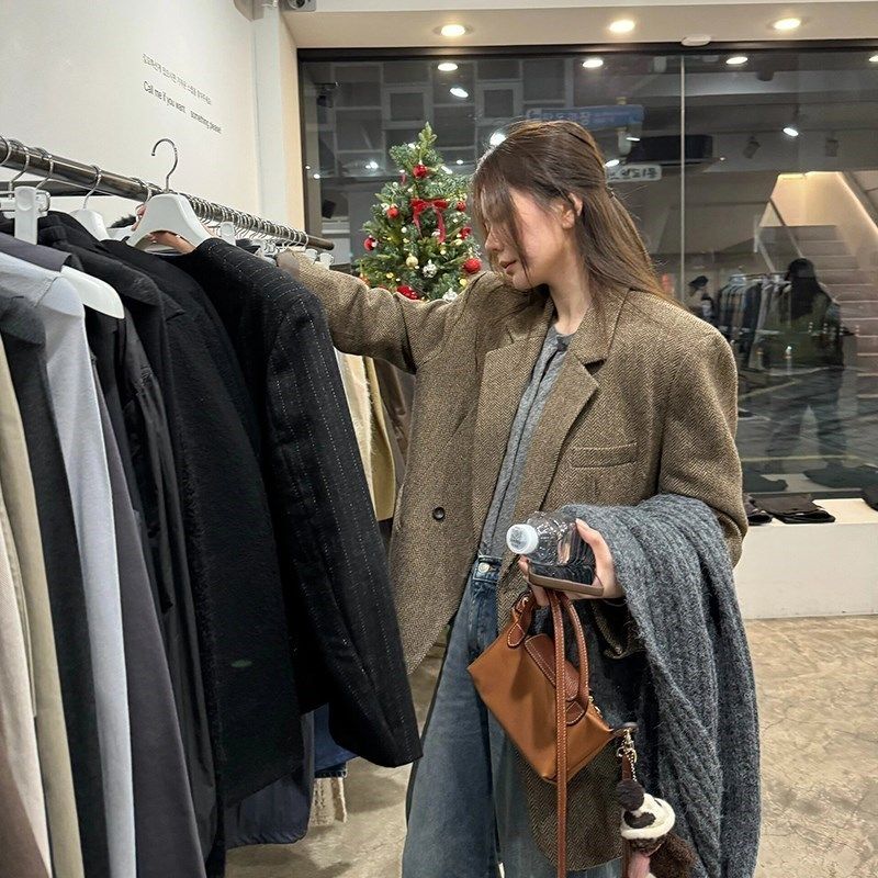 Coex Mall 首尔 ◆艾草拿铁~韩国秋季高级显瘦人字纹毛呢西装外套