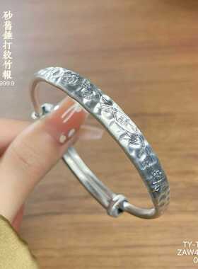 纯银实心锤打纹手镯女古法做旧款