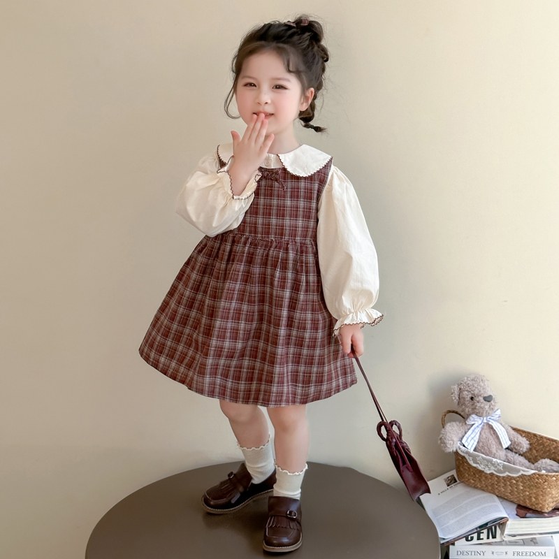 女童春秋款连衣裙2025新款小女孩秋装洋气裙子套装儿童秋天格子裙