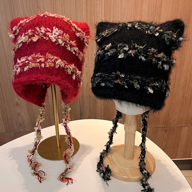 日系可爱猫耳朵条纹针织帽子女秋冬保暖卷边流苏护耳帽百搭套头帽,服饰配件/皮带/帽子/围巾,帽子,淘宝优惠券,粉丝福利购,淘宝优惠卷