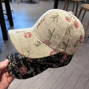 帽子女款2026新款复古玫瑰印花棒球帽春秋季户外大头围硬顶鸭舌帽
