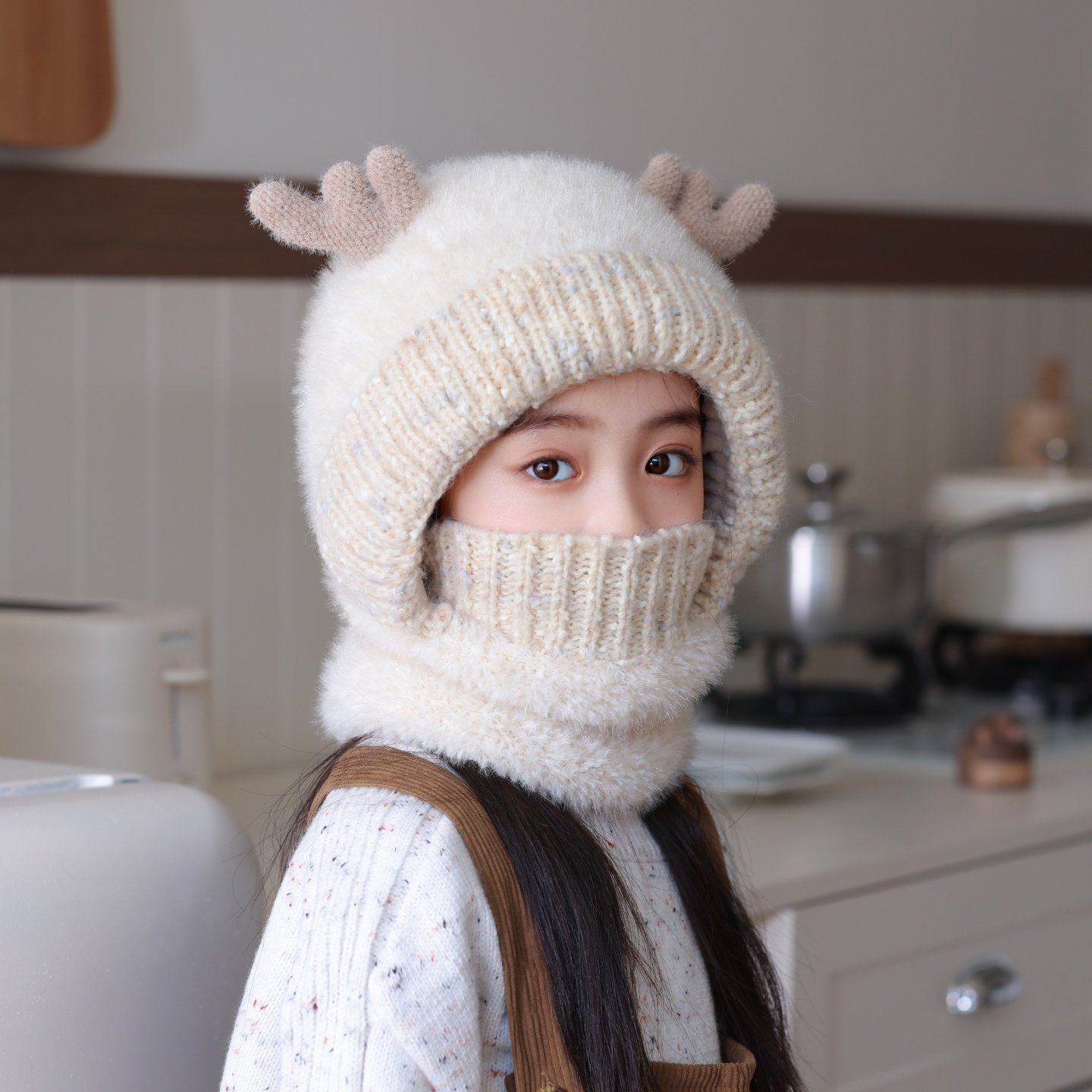 儿童帽子围脖口罩一体冬季加厚保暖卡通鹿角针织帽男童女童毛绒帽