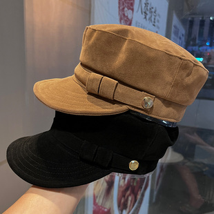 复古英伦风麂皮绒平顶帽子女款2025新款秋冬保暖气质显脸小报童帽