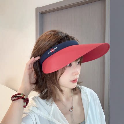 红色空顶帽女2026新款户外运动骑车防晒帽夏季大帽檐显脸小遮阳帽