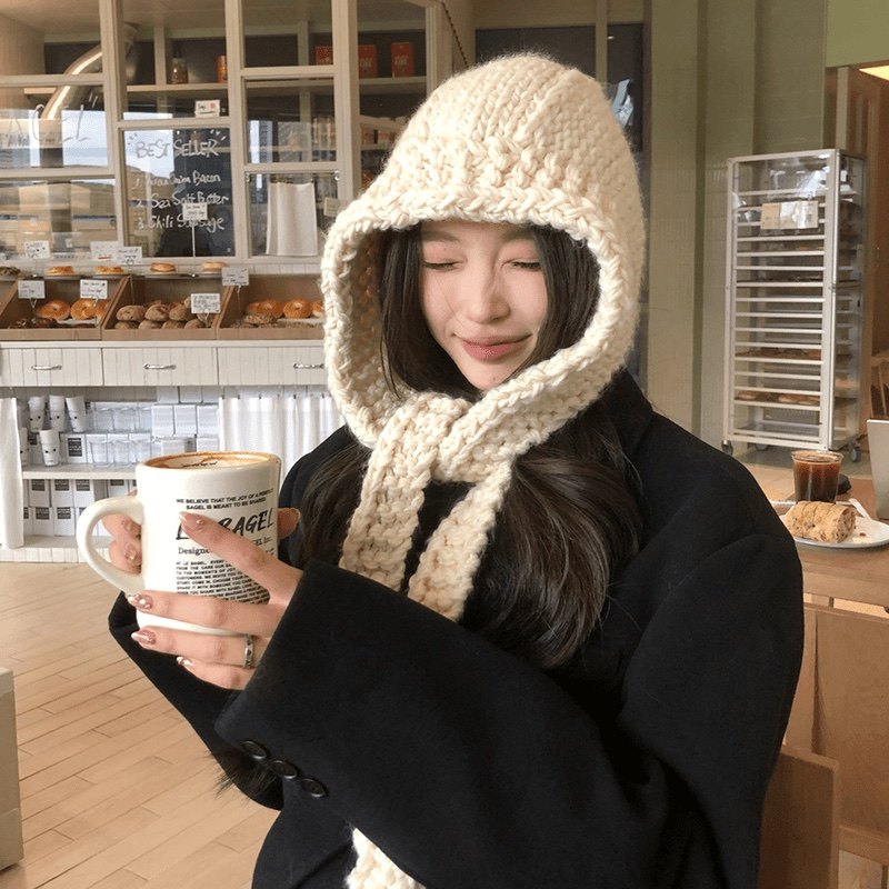 日系简约纯色粗毛线针织护耳帽子女冬季加厚保暖连帽围脖一体外搭